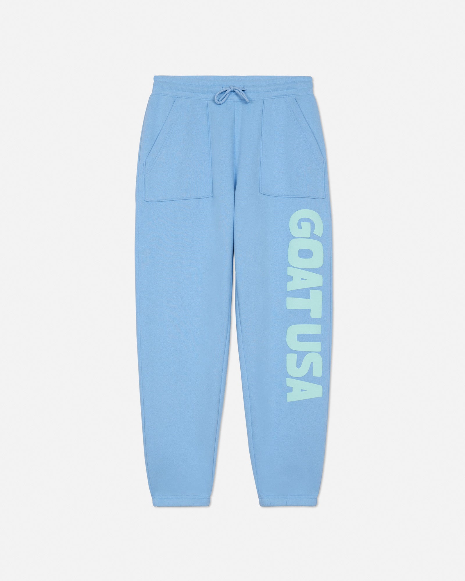 Light blue sweatpants with 'GOAT USA' text on a light gray background#color_carolina-blue