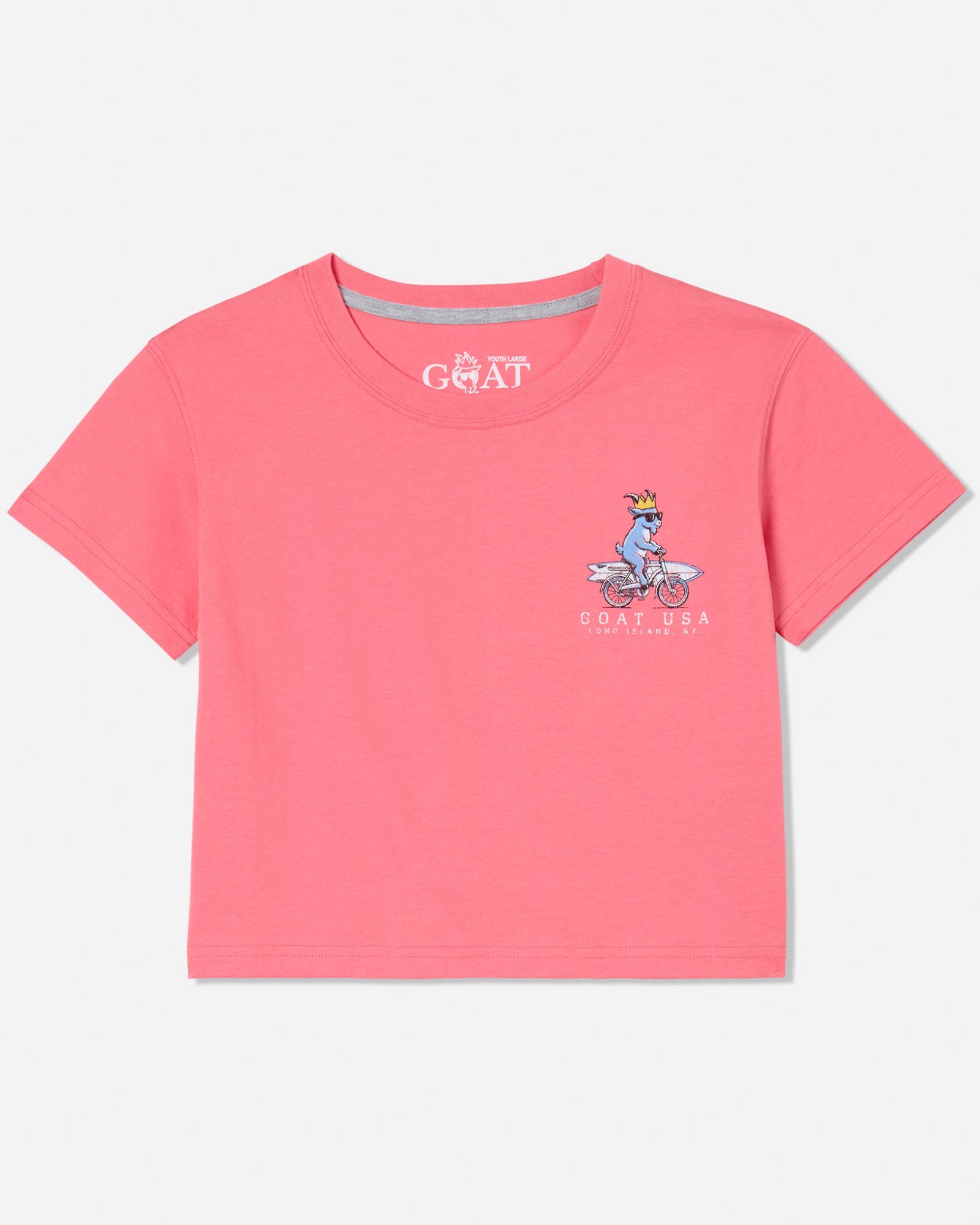 Front of salmon crop top with a bike-riding goat and surfboard left-chest logo