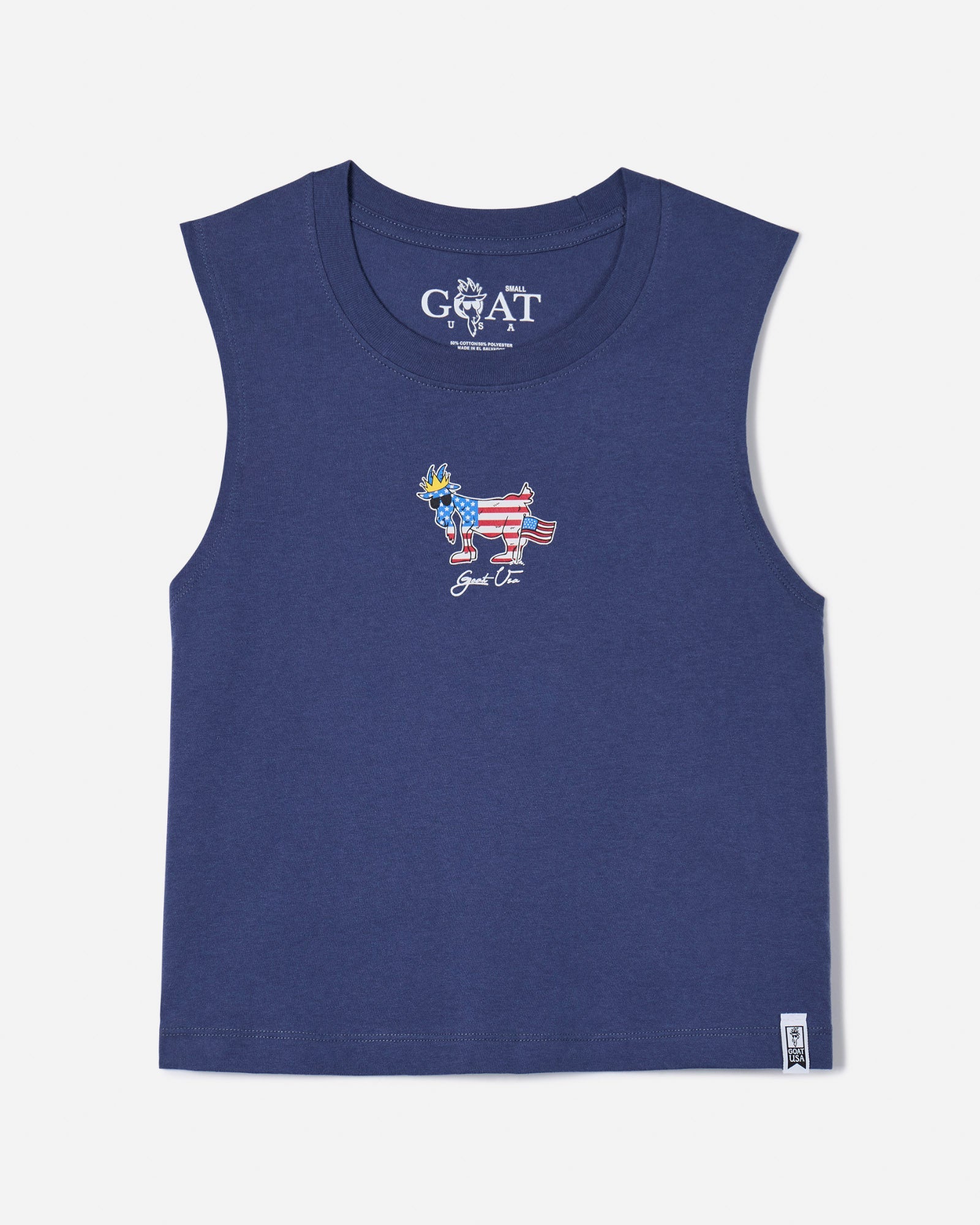 Front of navy women's cut tank top with American flag GOAT