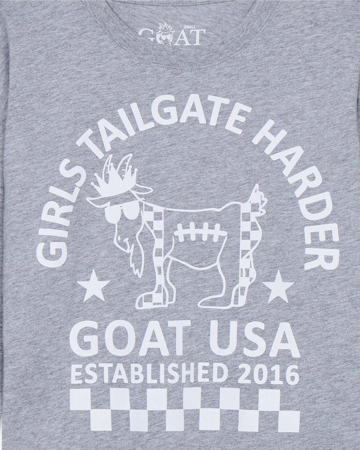 Gray t-shirt with white graphic design and text on a gray background