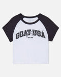 Front of black and white baby tee with GOAT USA graphic