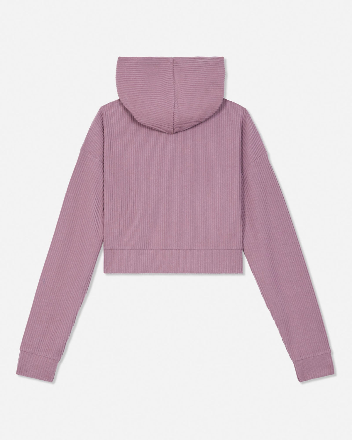 A dusty purple ribbed knit cropped hoodie shown from the back, featuring a hood and long sleeves, laid flat against a light gray background.