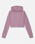 A dusty purple ribbed knit cropped hoodie with a small dark logo on the bottom right hem, displayed flat against a light gray background.