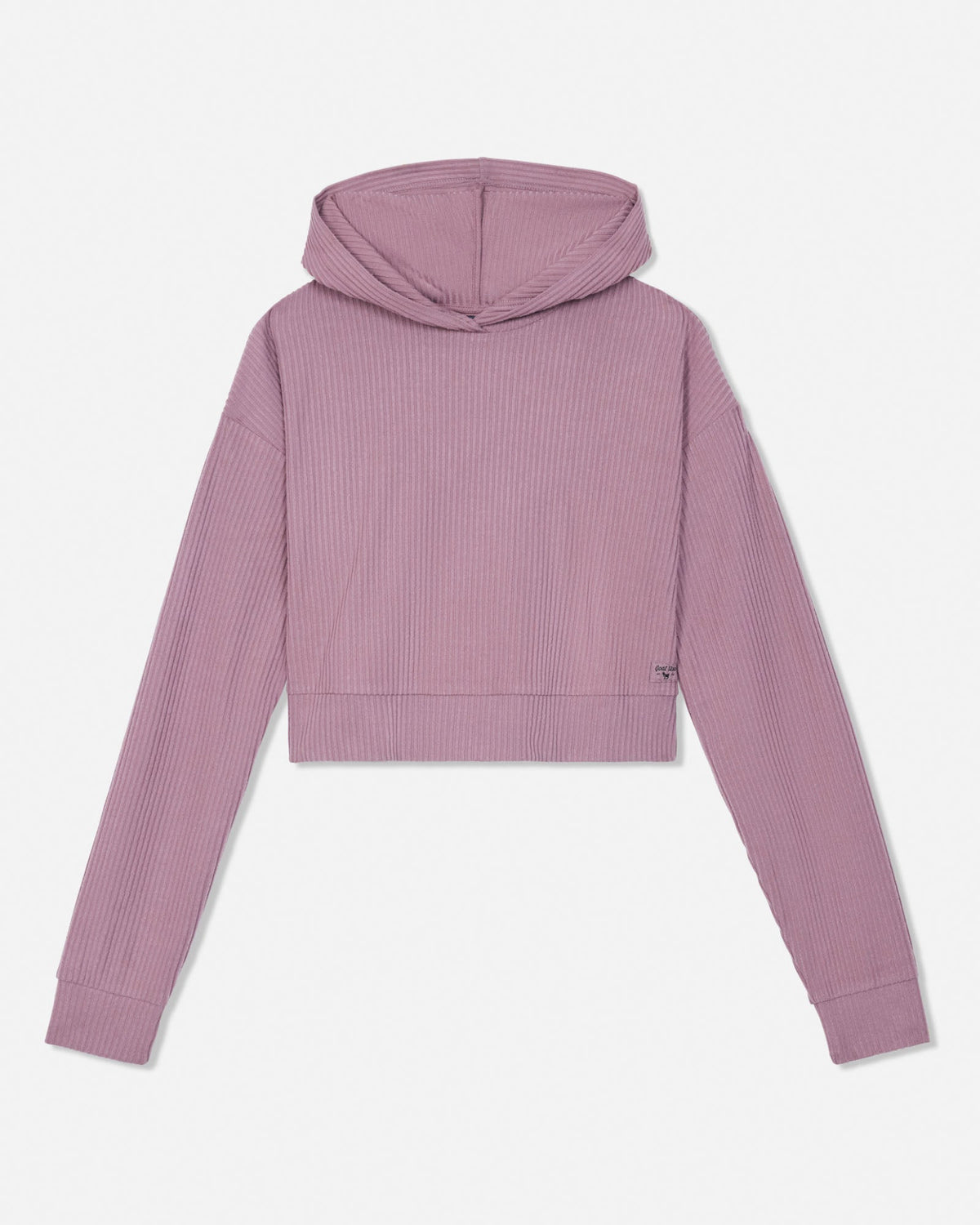 A dusty purple ribbed knit cropped hoodie with a small dark logo on the bottom right hem, displayed flat against a light gray background.