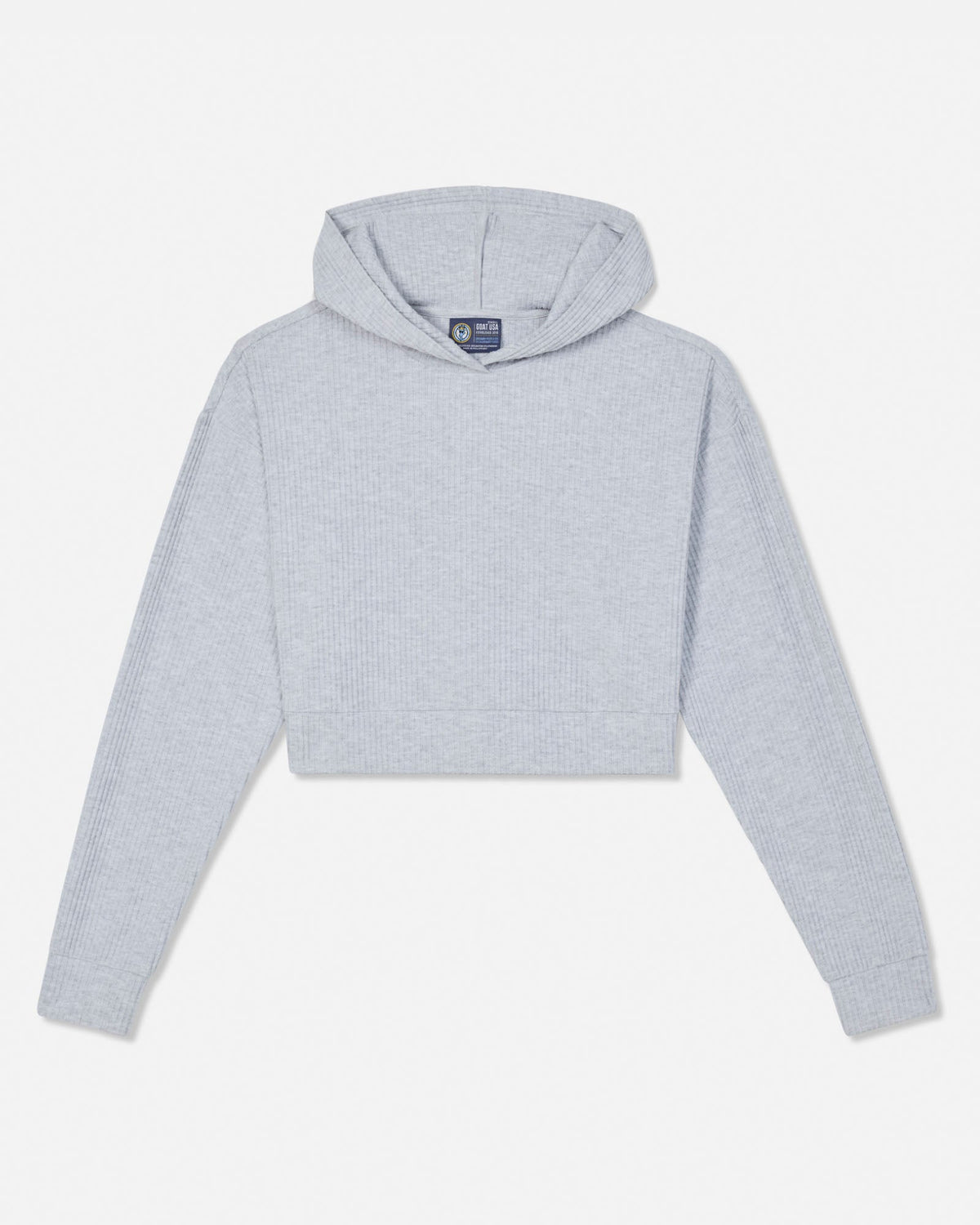 A light gray ribbed knit cropped hoodie with long sleeves and a hood, displayed flat against a clean white background.