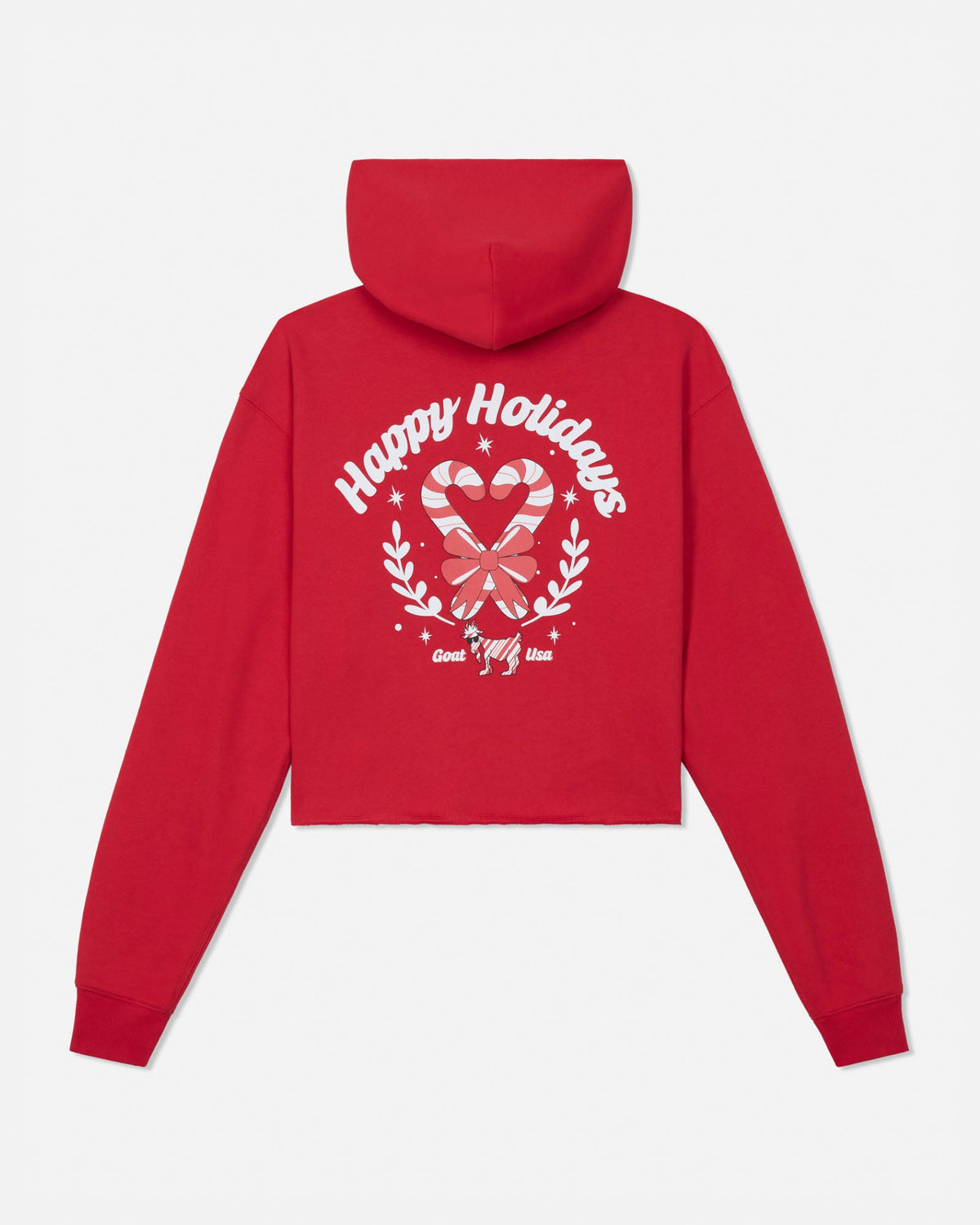 A red cropped hoodie shown from the back, featuring a white graphic print with the words 'Happy Holidays' and a festive wreath and candy cane design.