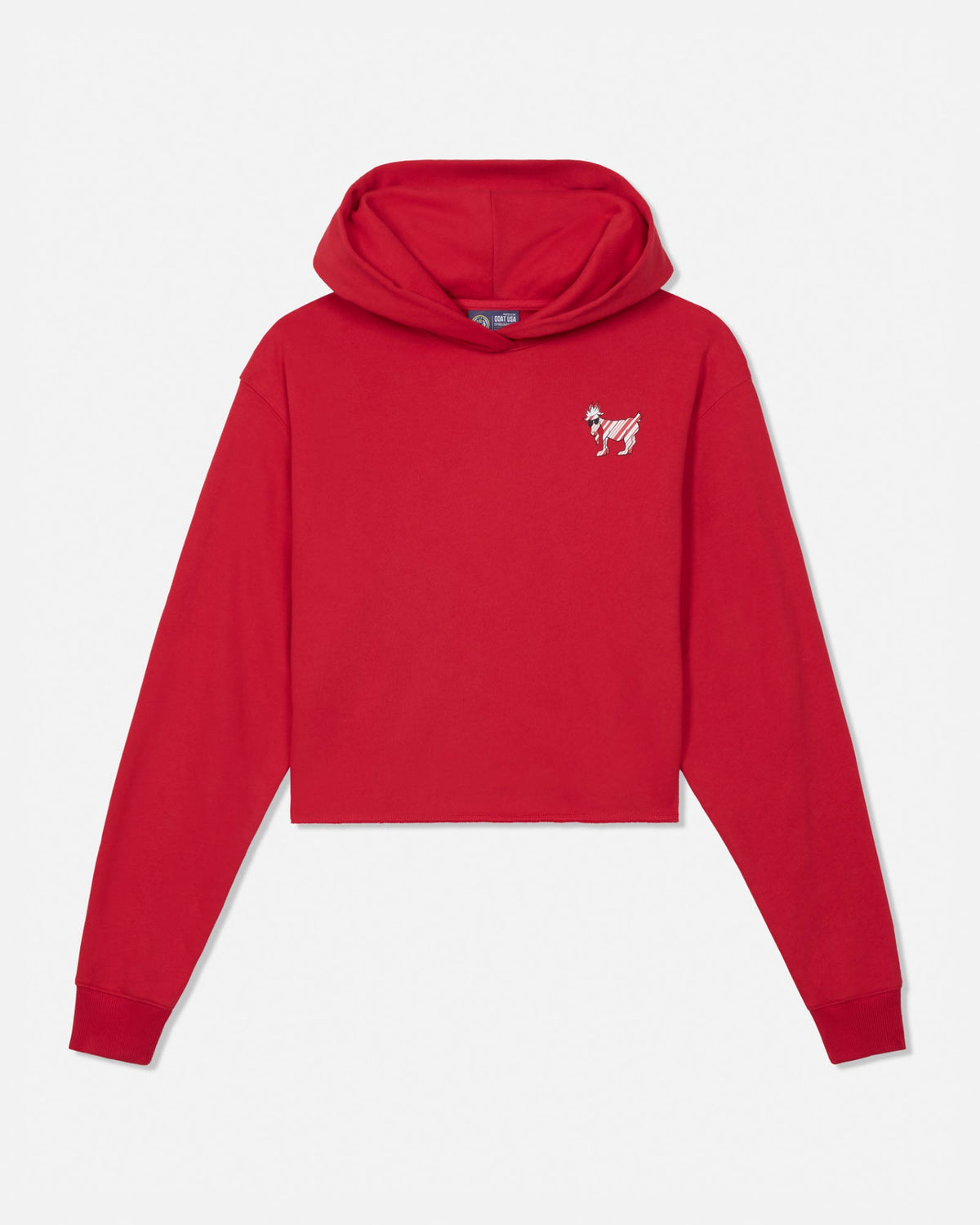 A bright red cropped hoodie with a small white embroidered graphic on the left chest, displayed against a clean white background.