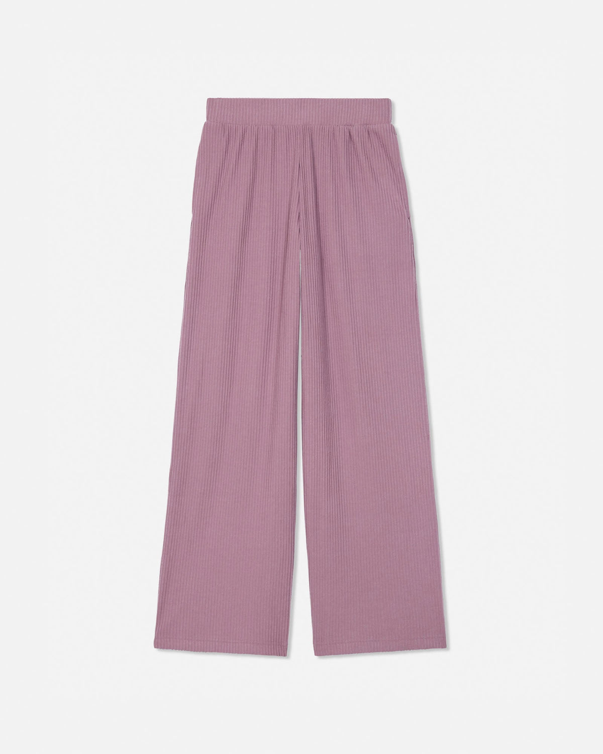 A pair of wide-leg trousers in a dusty mauve or muted purple color, featuring a textured vertical rib pattern and an elastic waistband, shown flat against a light gray background.