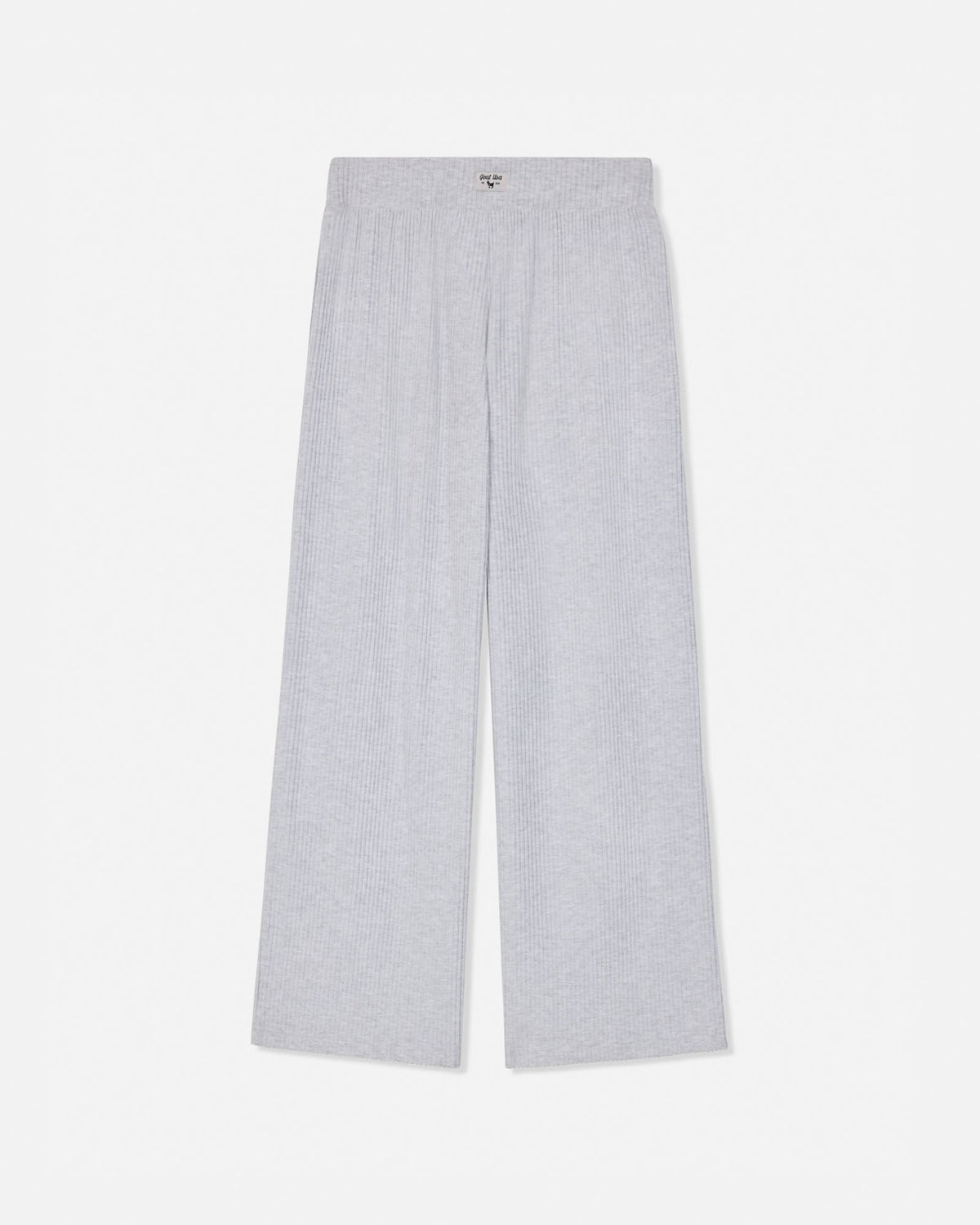 Light gray wide-leg knit pants with an elastic waistband, shown flat against a plain white background.