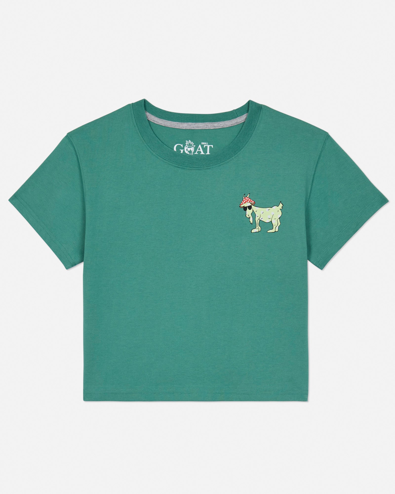 Front of green crop top with a mushroom goat left-chest