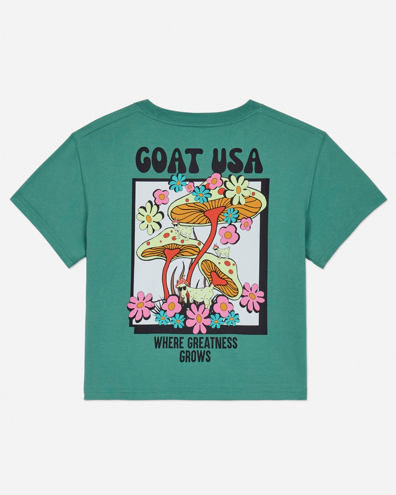 Back of green crop top with a mushroom goat graphic