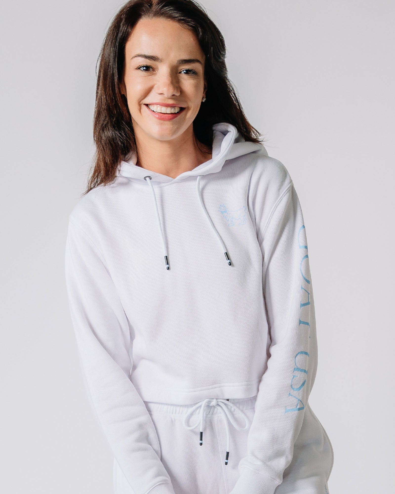 Model wearing white Women's OG Cropped Hooded Sweatshirt#color_white