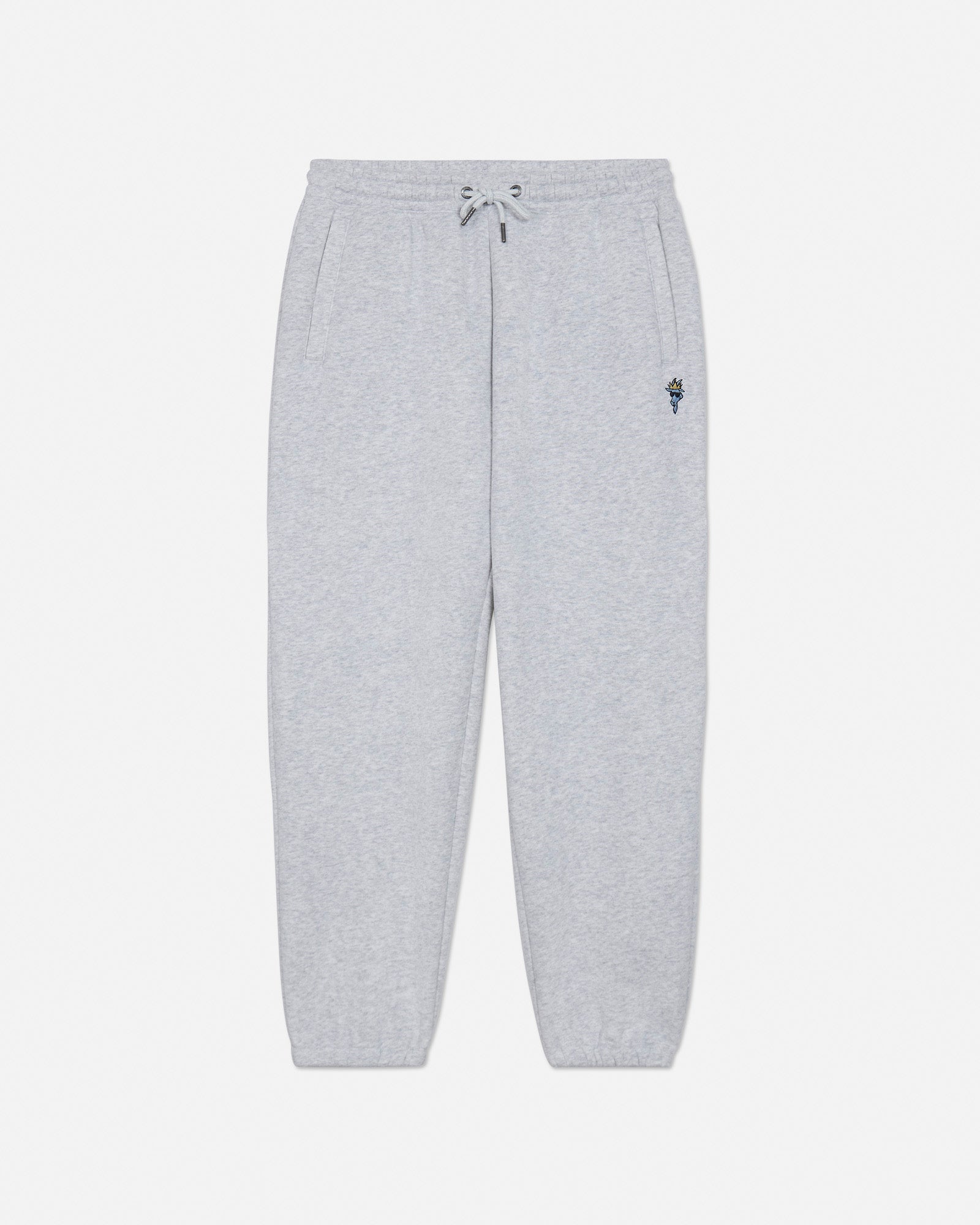 Gray sweatpants with a small logo on a light gray background#color_pale-gray