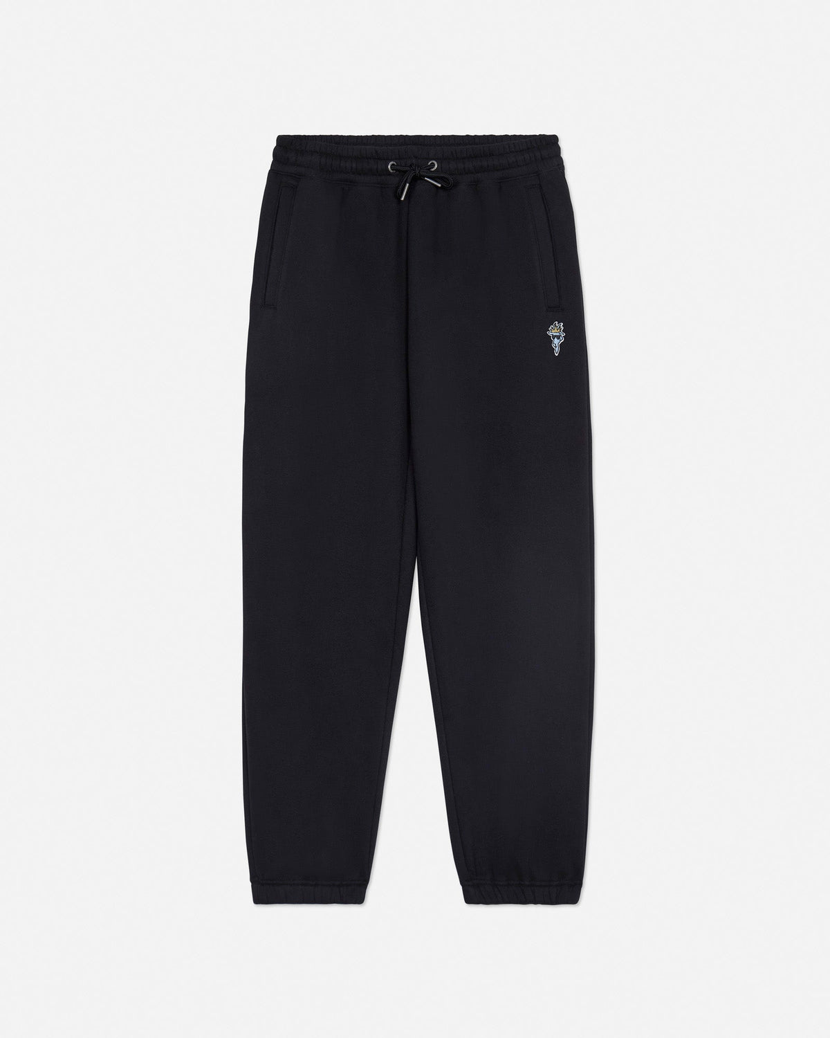 Black sweatpants with a small white logo on a light gray background#color_black