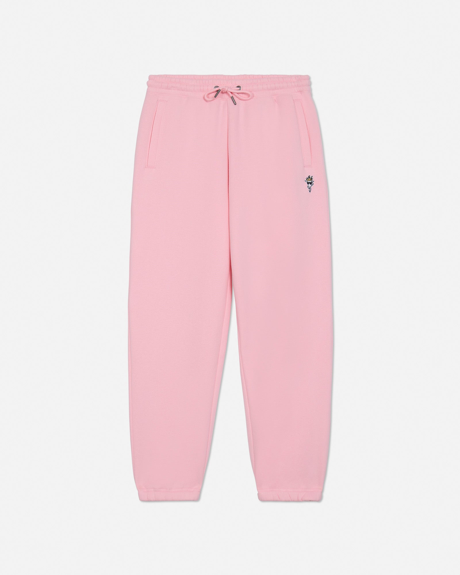 Pink sweatpants with a small logo on a light gray background#color_pink