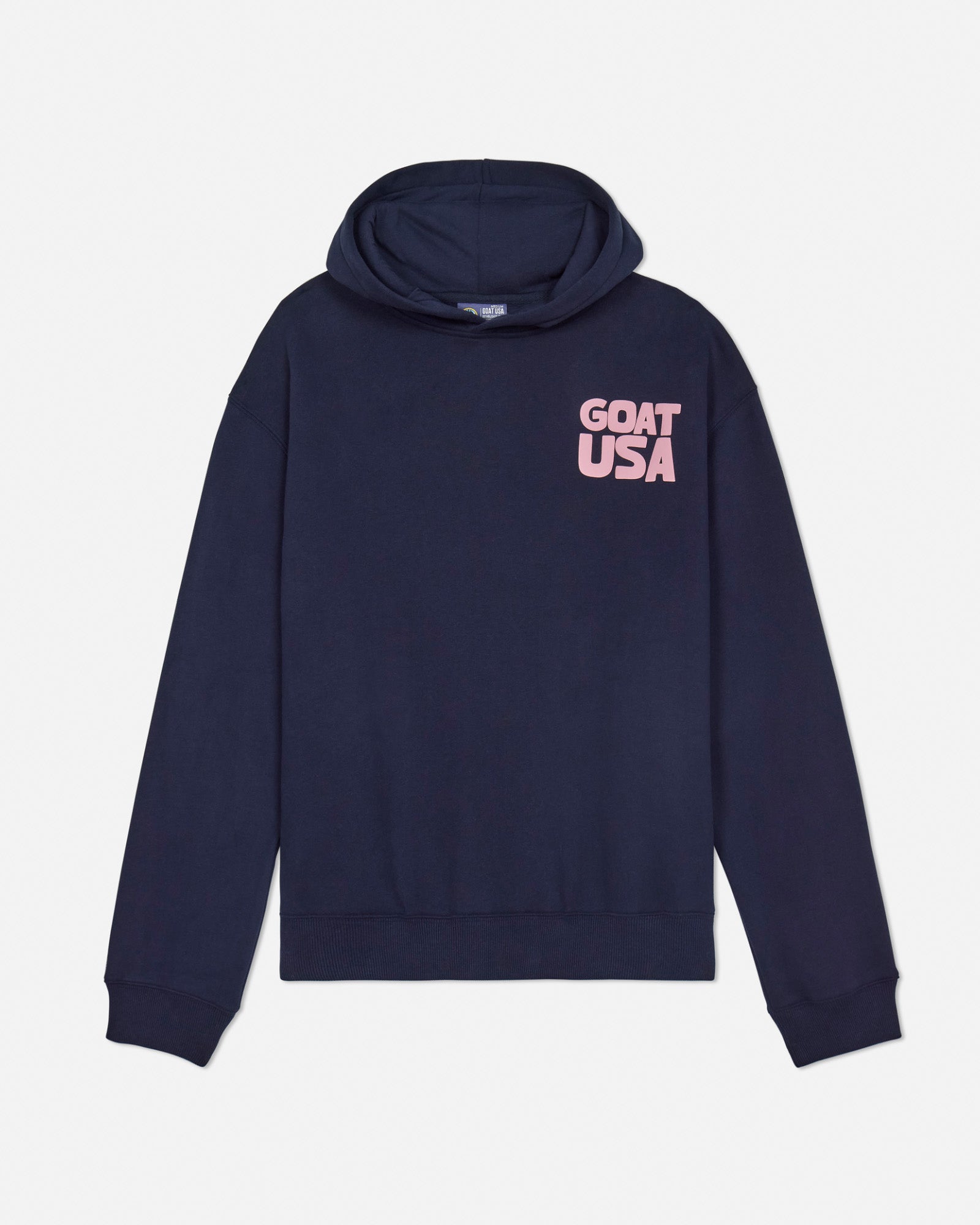 Front of navy oversized hoodie with GOAT USA left-chest logo#color_navy