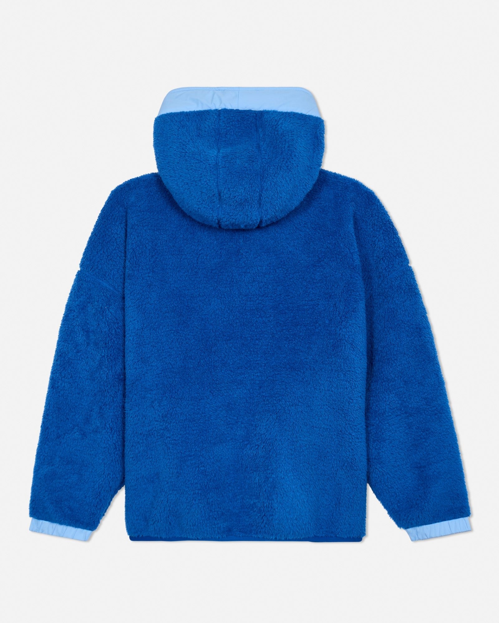 Blue sherpa jacket with hood on a light gray background