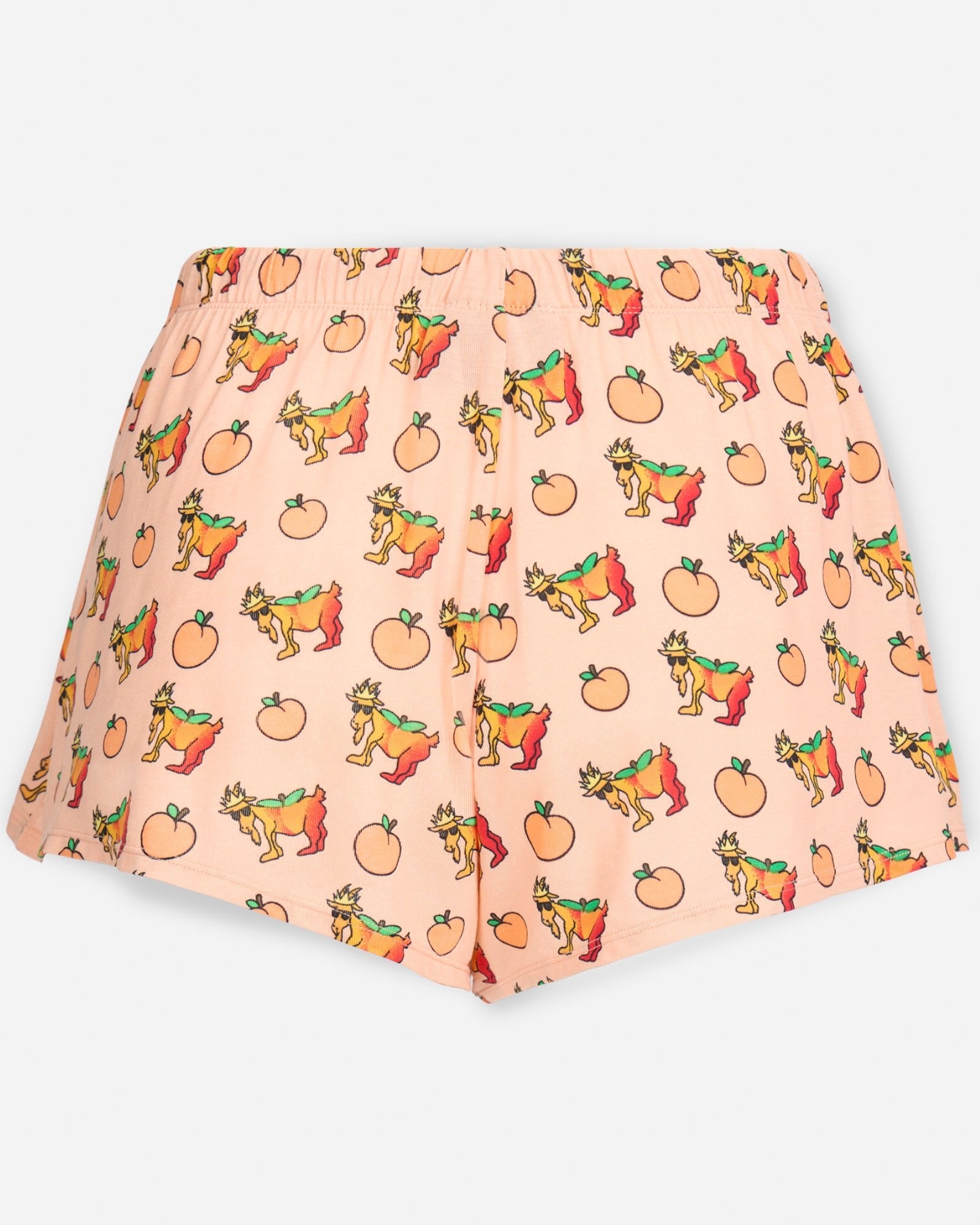 Back of peach cream shorts with peaches and peach goats print