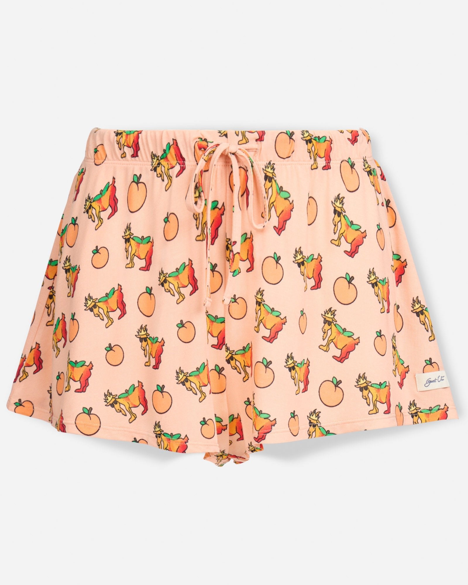 Front of peach cream shorts with peaches and peach goats print