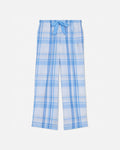 Blue plaid pants on a light gray background