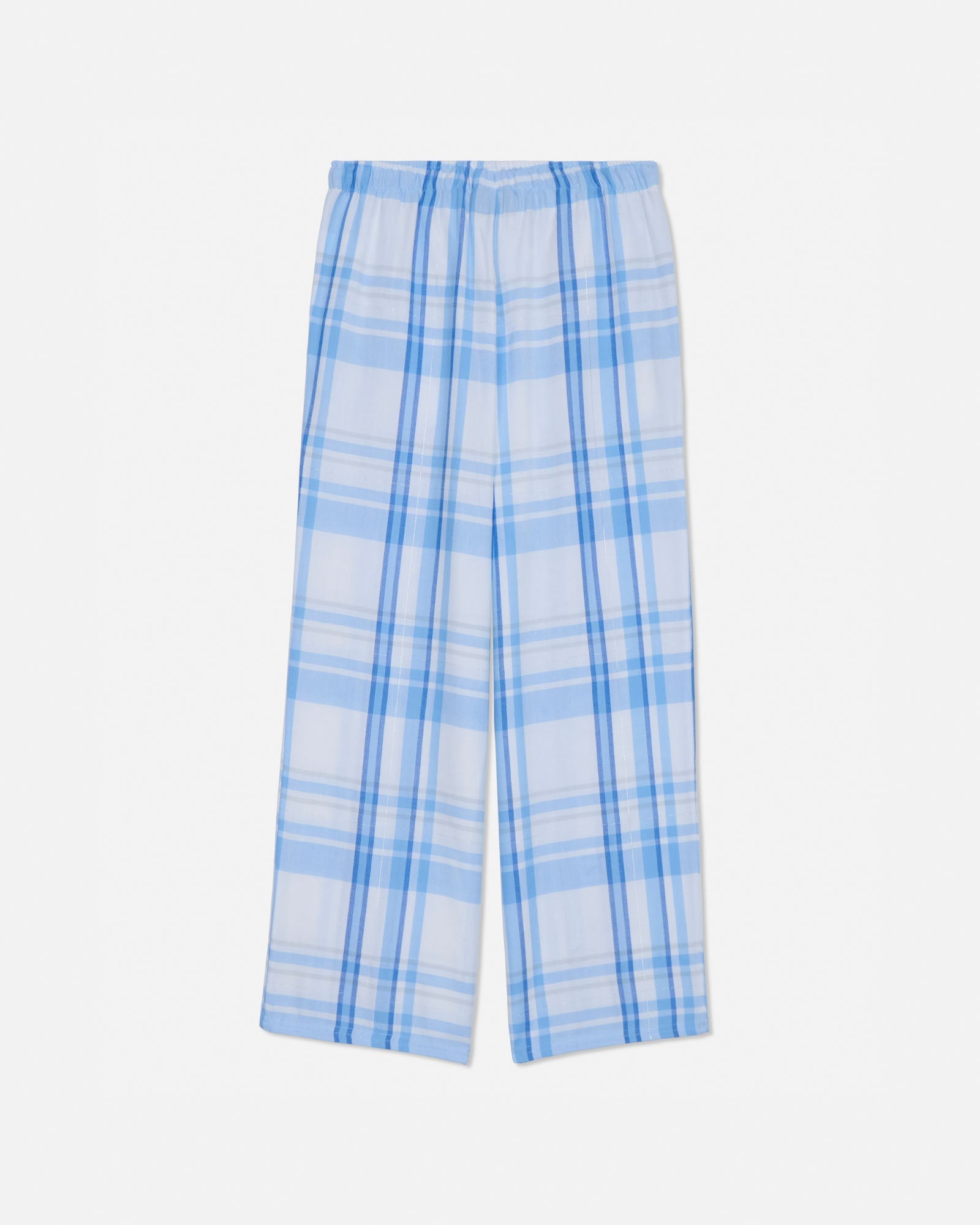 Blue and white plaid pants on a light gray background