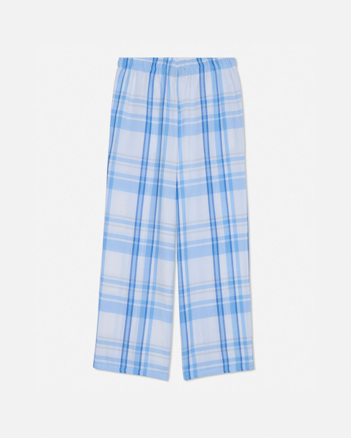 Blue and white plaid pants on a light gray background