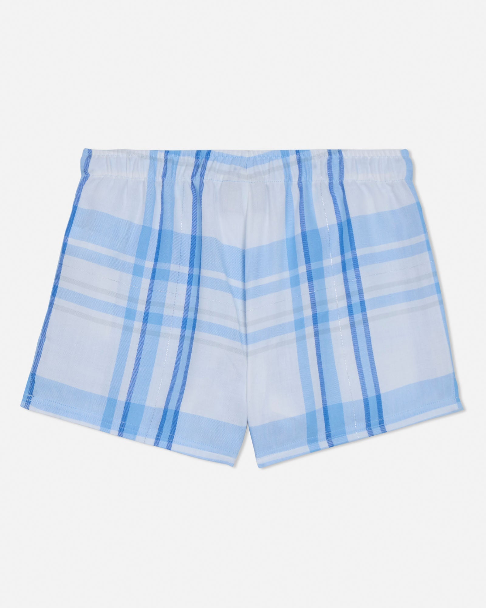 Blue plaid shorts on a light gray background