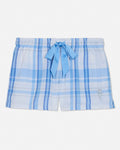 Blue and white checkered shorts with a tie on a light gray background