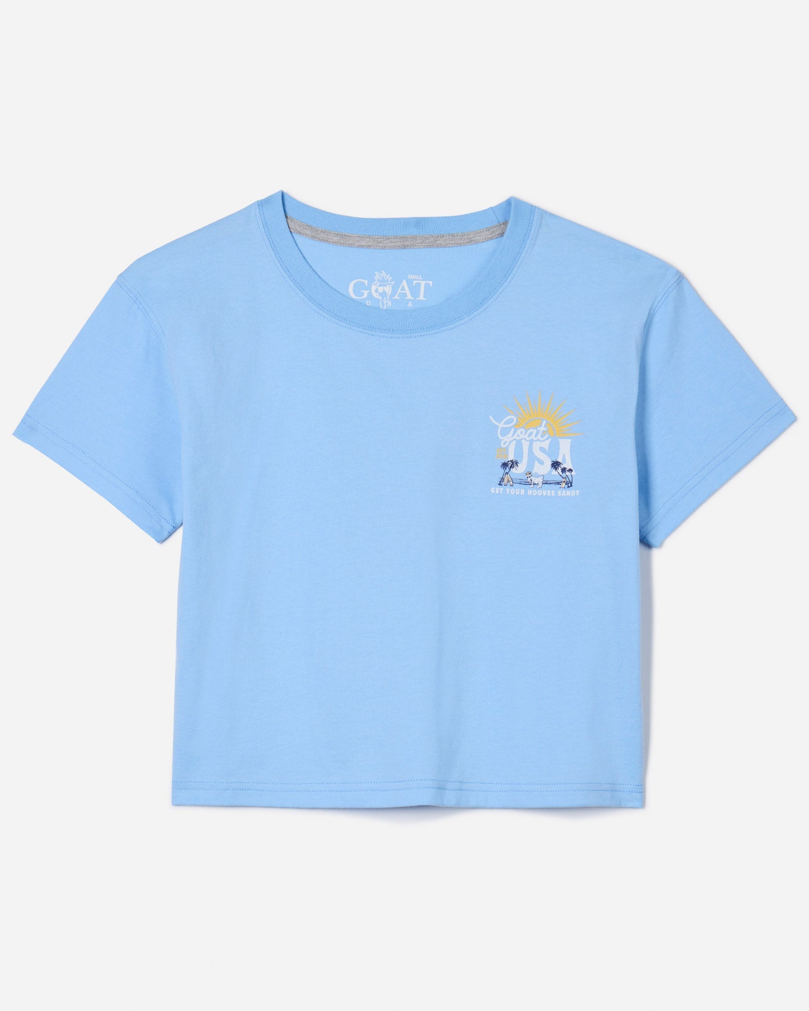 Front of carolina blue crop top with goat on a beach left-chest logo