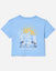 Back of carolina blue crop top with goat on a beach graphic
