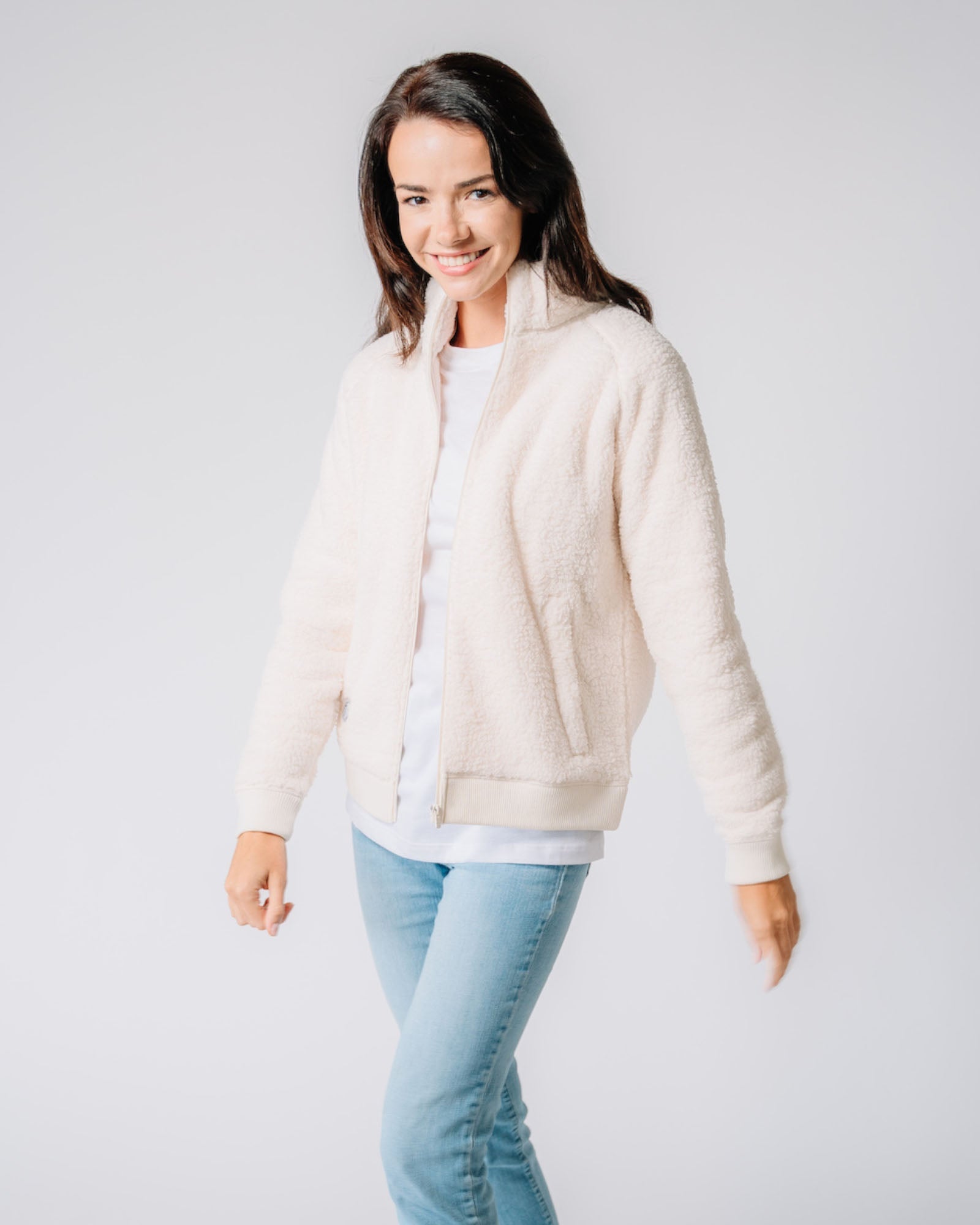 Model wearing ivory Women's Sherpa Full Zip Jacket#color_ivory