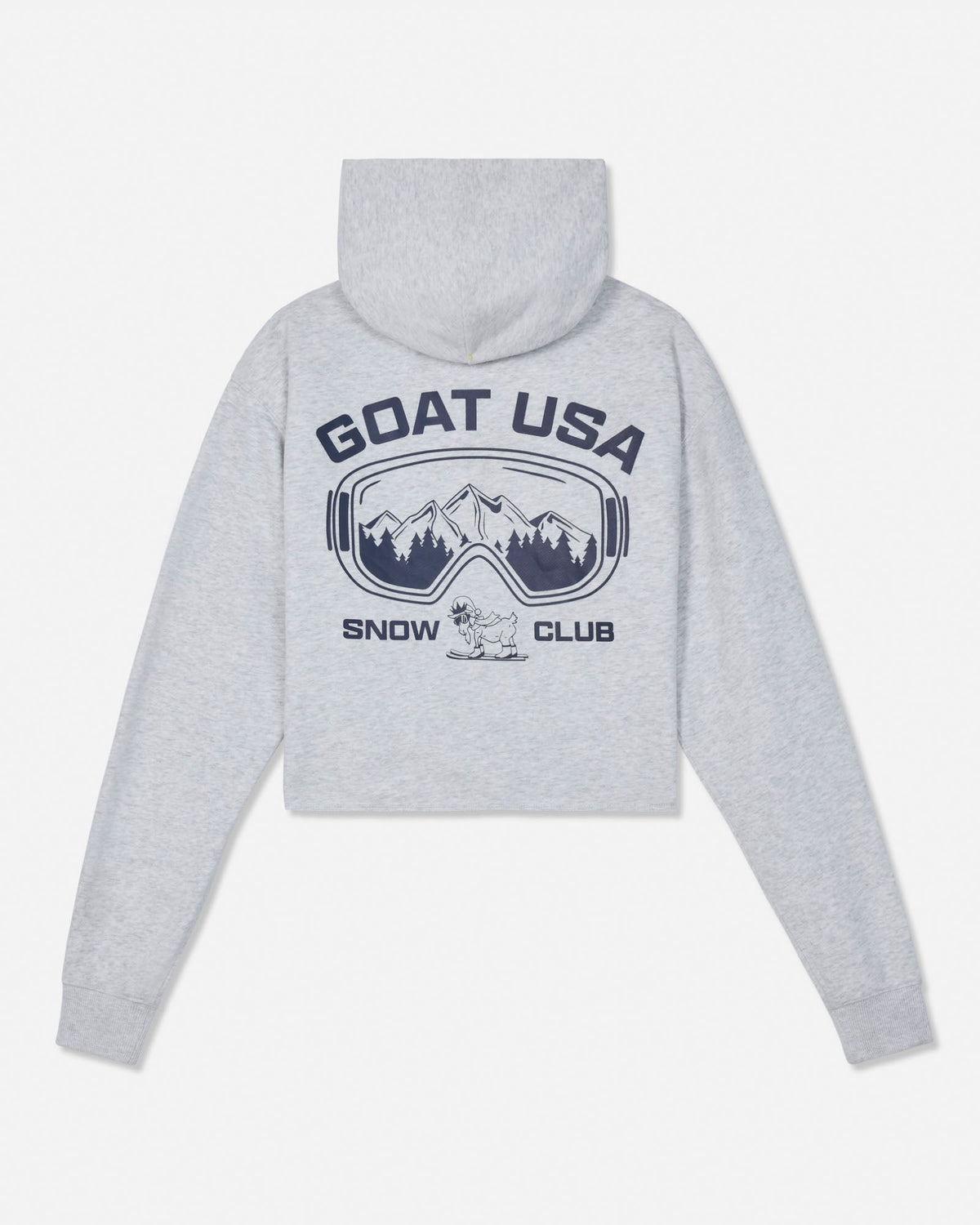 A light heather gray cropped hoodie shown from the back, featuring a dark navy graphic of ski goggles with a mountain scene inside, the text 'GOAT USA' above, and 'SNOW CLUB' below.