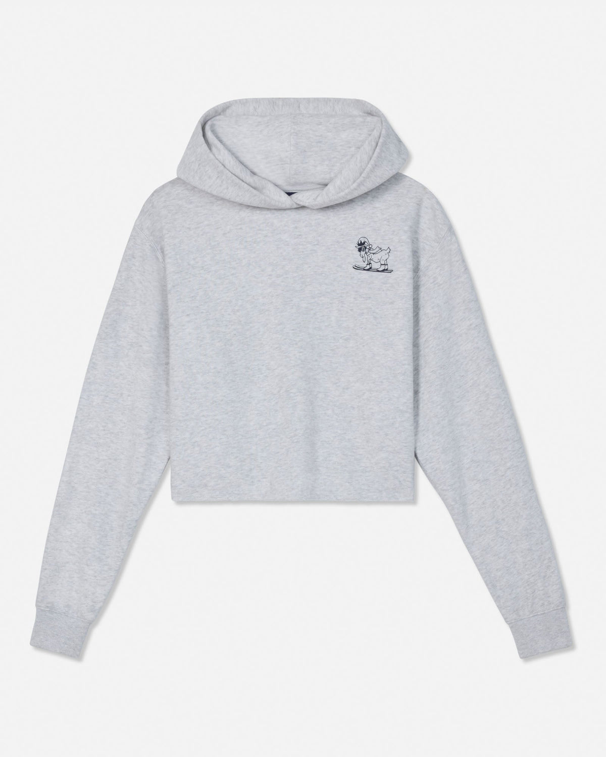 A light gray heather cropped hoodie sweatshirt with a small black embroidered cartoon goat on the left chest, displayed against a plain white background.