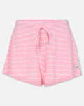 Front of pink striped pajama shorts