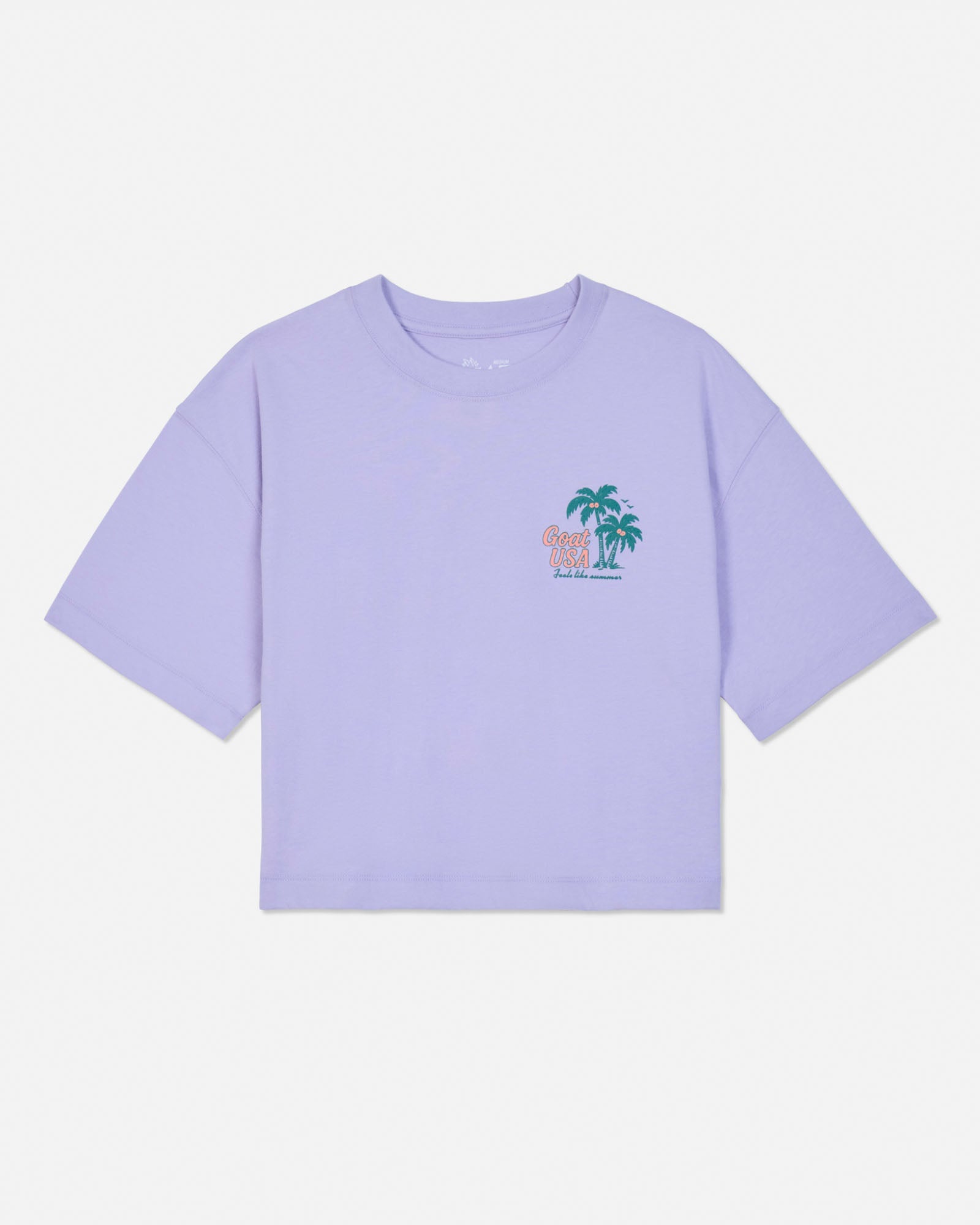 Periwinkle crop tee with a small graphic on a white background