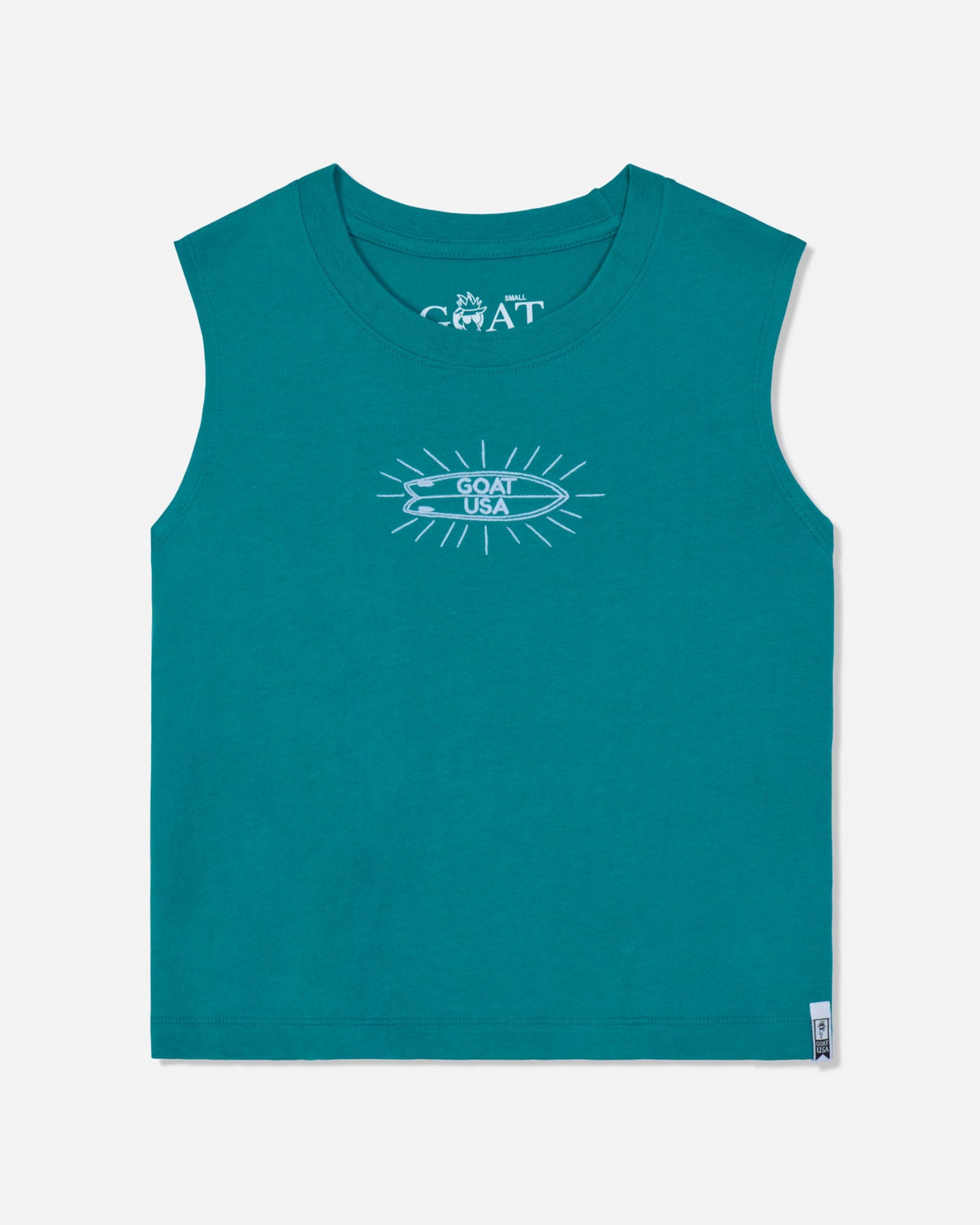 Teal tank top with a logo on a white background