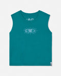 Teal tank top with a logo on a white background