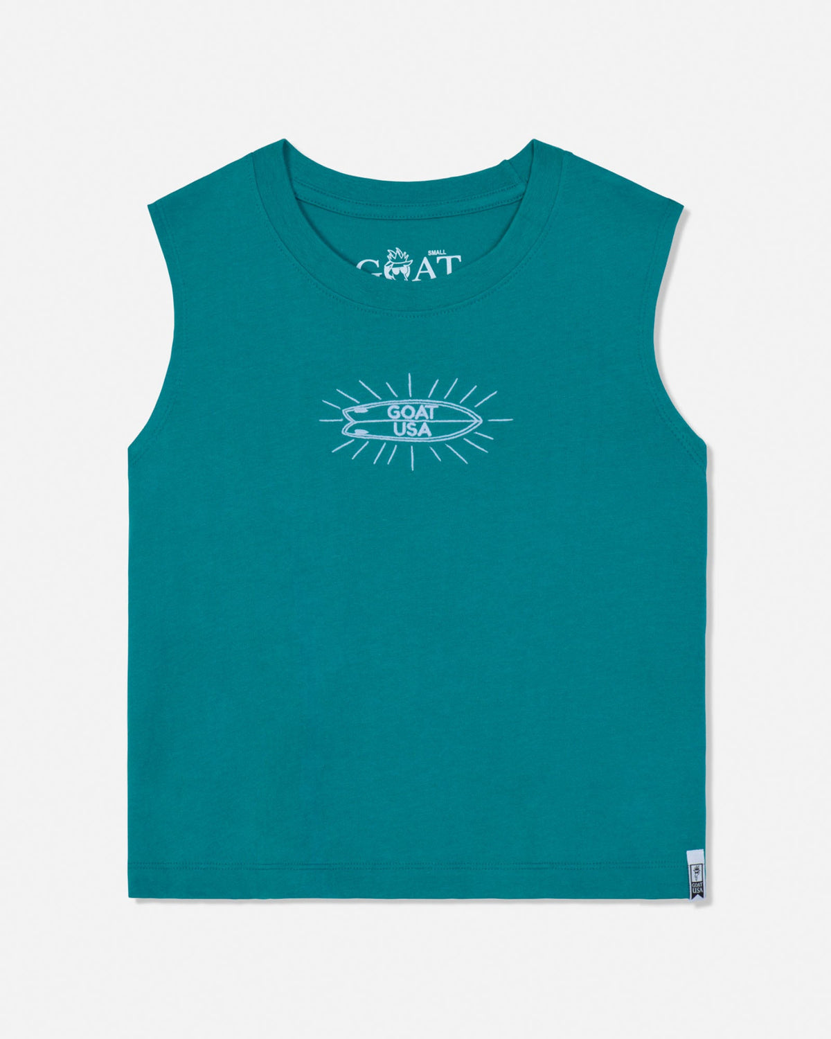 Teal tank top with a logo on a white background