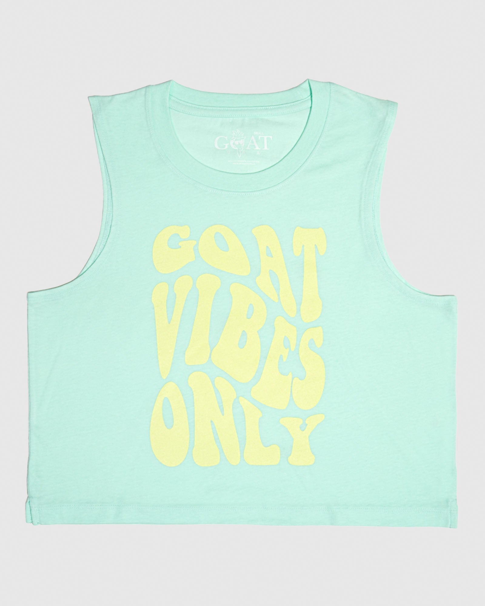 Mint tank top with yellow text that reads "GOAT VIBES ONLY"#color_mint