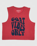 Red tank top with blue text that reads "GOAT VIBES ONLY"