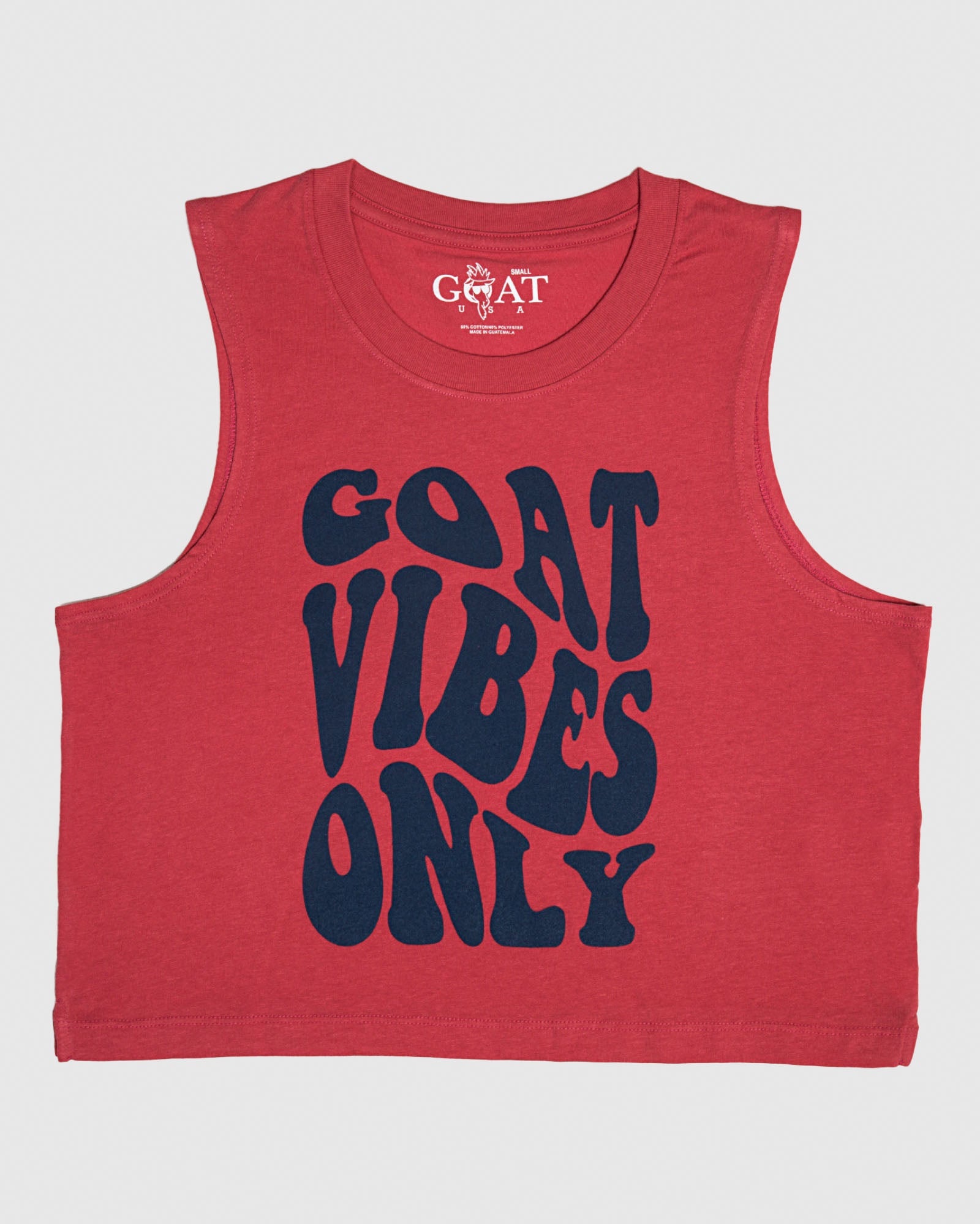 Red tank top with blue text that reads 