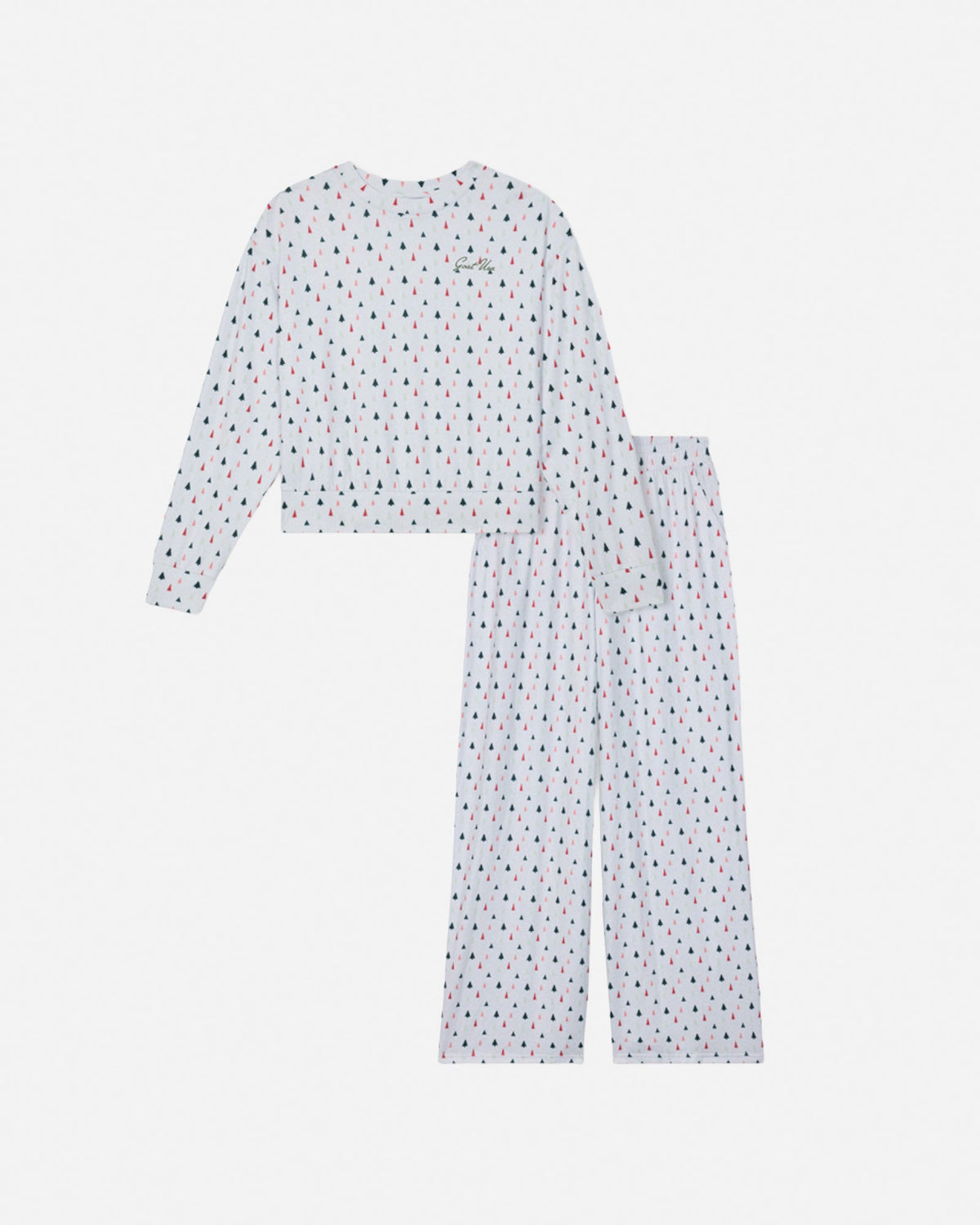 Gray women's pajama set with holiday tree pattern