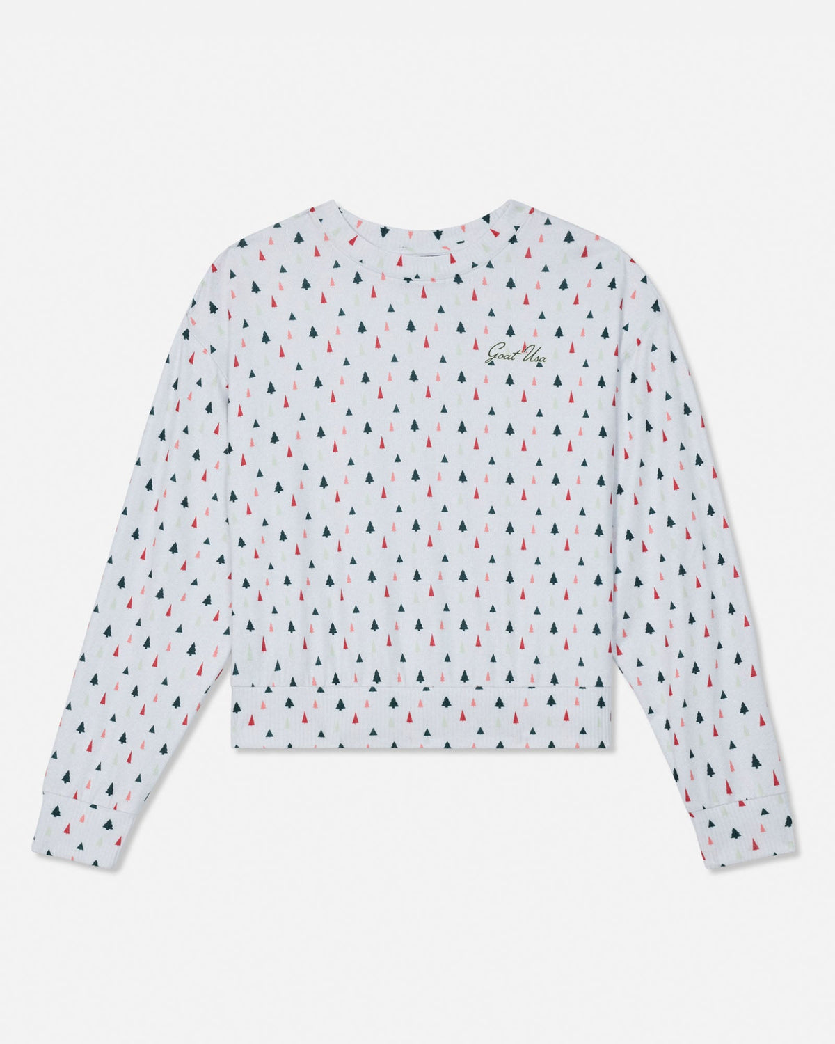 A long-sleeve crewneck sweatshirt with an all-over repeating pattern of small pine trees in red, green, and pink on a white background, featuring a small embroidered 'GOAT USA' logo on the left chest.