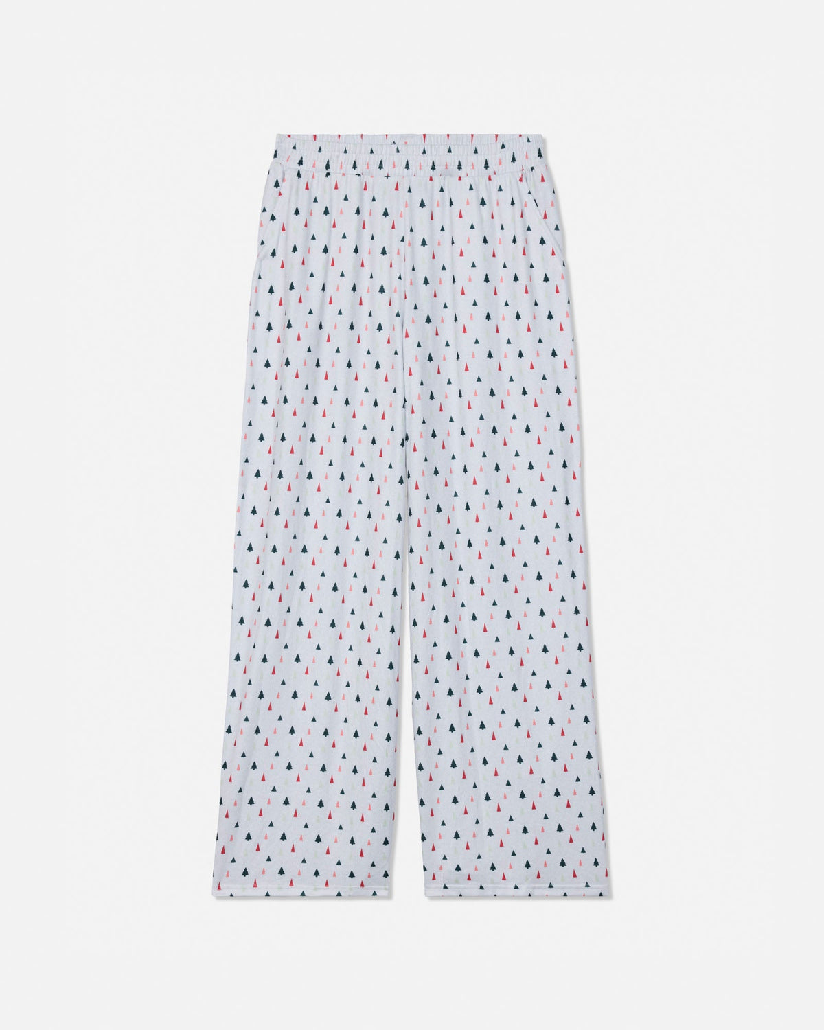 White wide-leg pants with a small repeating multicolor pattern of red, green, and pink teardrop shapes, shown flat against a light gray background.