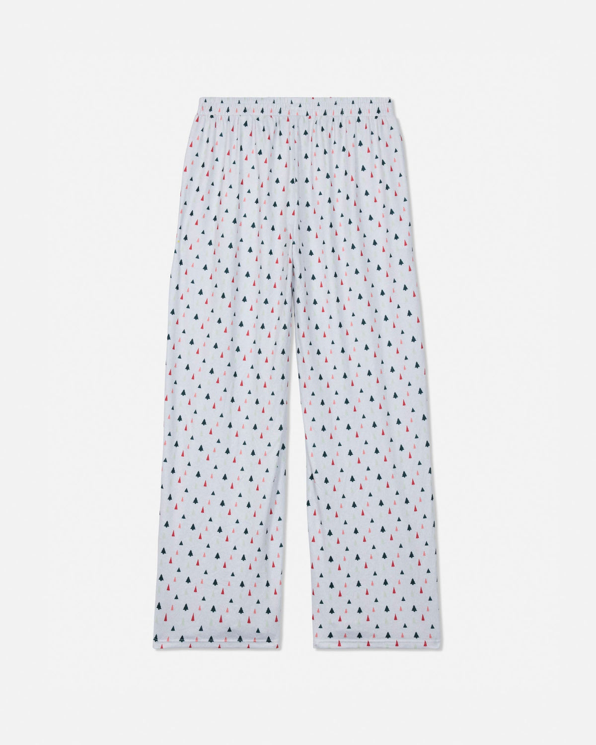 White wide-leg pants with an all-over small repeating pattern of navy, pink, and red dots, shown flat against a light gray background.