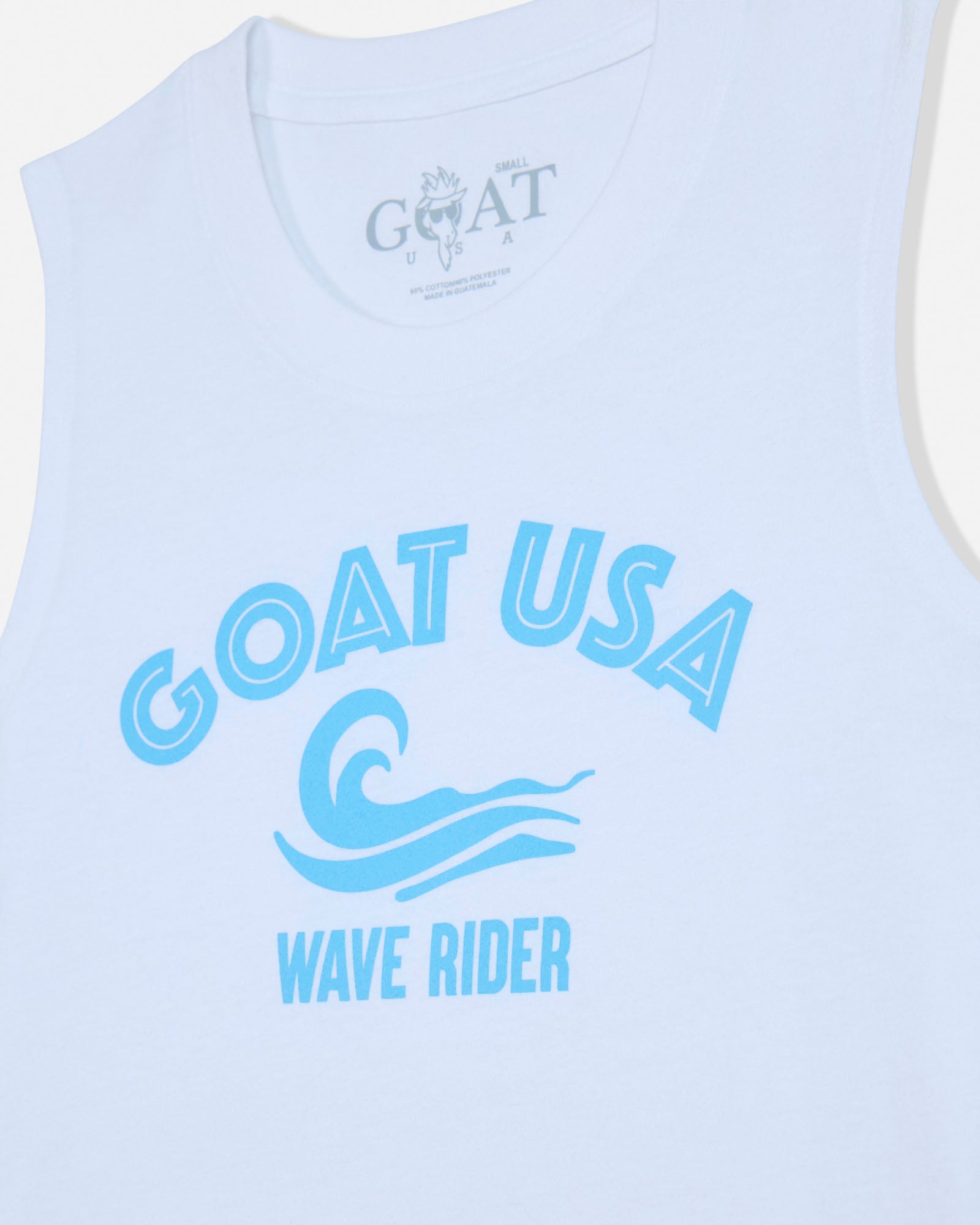 White sleeveless shirt with 'GOAT USA Wave Rider' text and logo on a white background