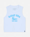 White sleeveless shirt with 'GOAT USA Wave Rider' text on a white background