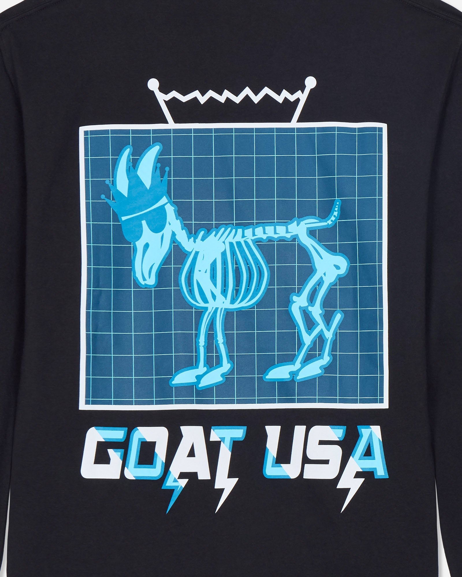 Black long-sleeve shirt with blue skeleton design and 'GOAT USA' text on a grid background