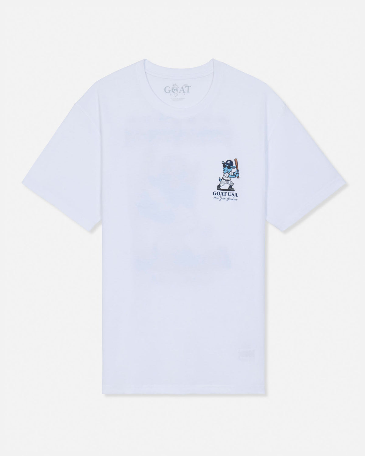 A white short-sleeve t-shirt with a small graphic on the left chest featuring a blue and white cartoon character and the text 'GOAT USA NEW YORK YANKEES'. The brand name 'GOAT USA' is visible printed inside the collar.