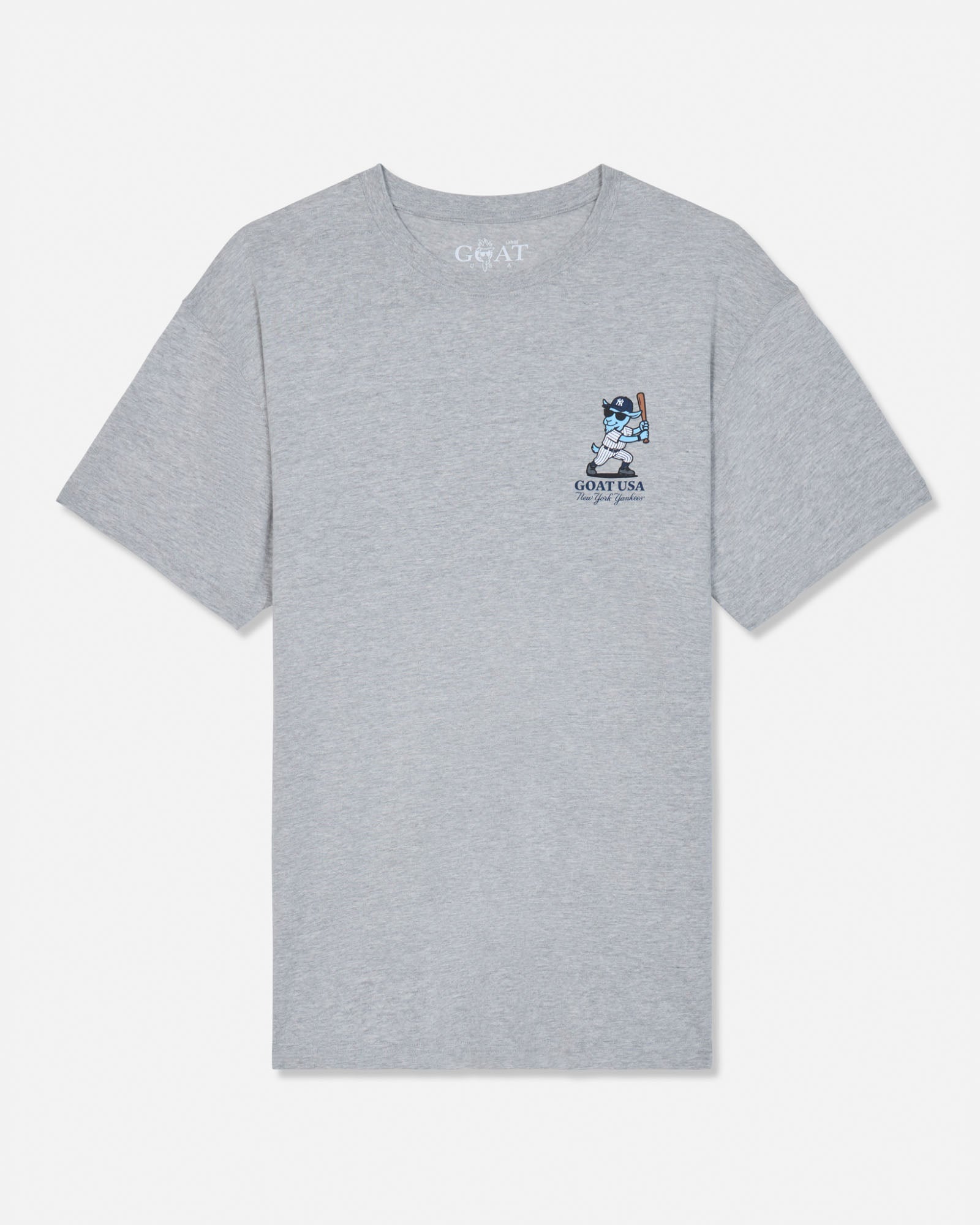 A light gray heather short-sleeve t-shirt with a small Goats Head graphic on the left chest and 'GOATS HEAD' printed inside the collar, shown against a plain white background.#color_gray